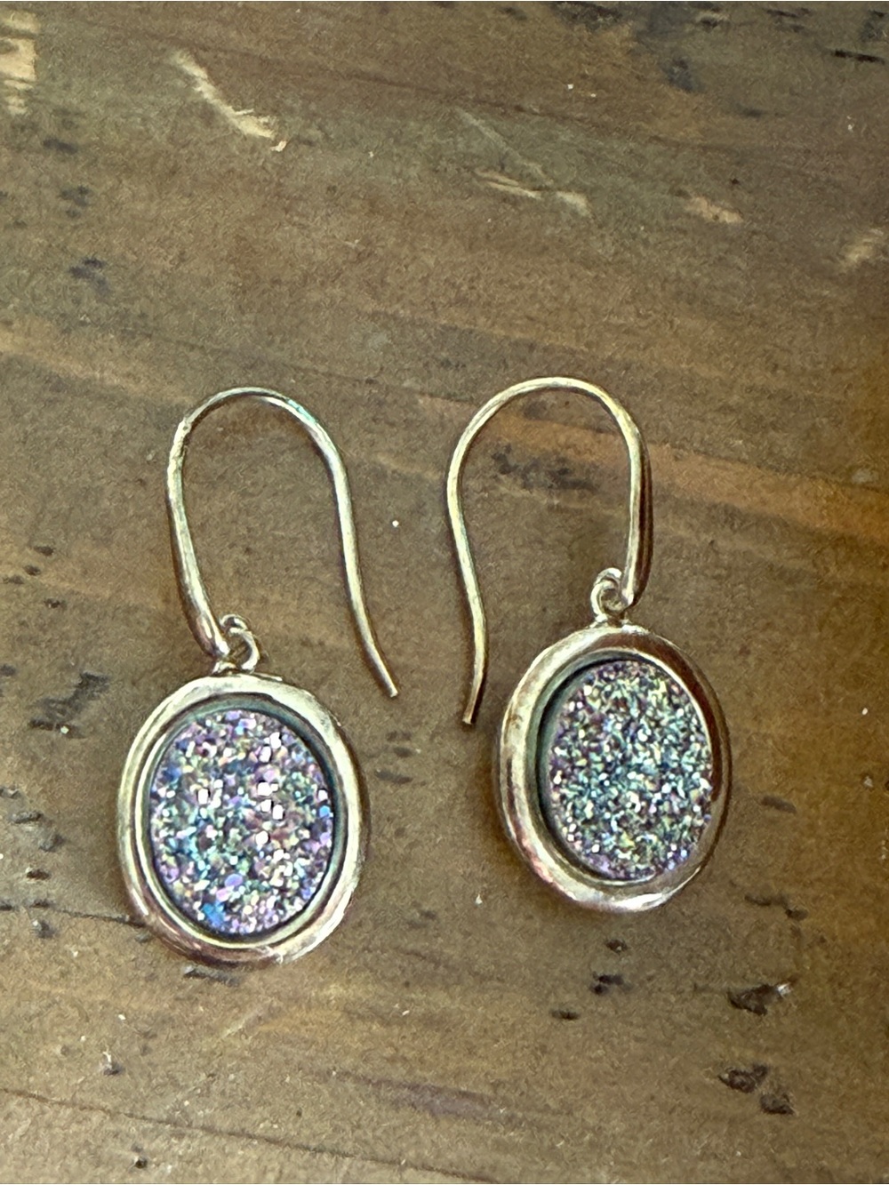 925 Sterling Silver Rainbow Iridescent Druzy Oval Drop Earrings